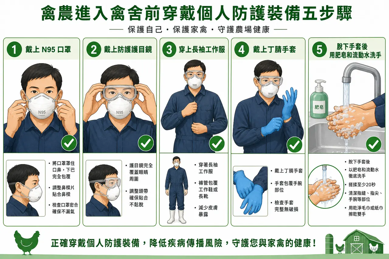 禽農進入禽舍前穿戴個人防護裝備五步驟示意圖