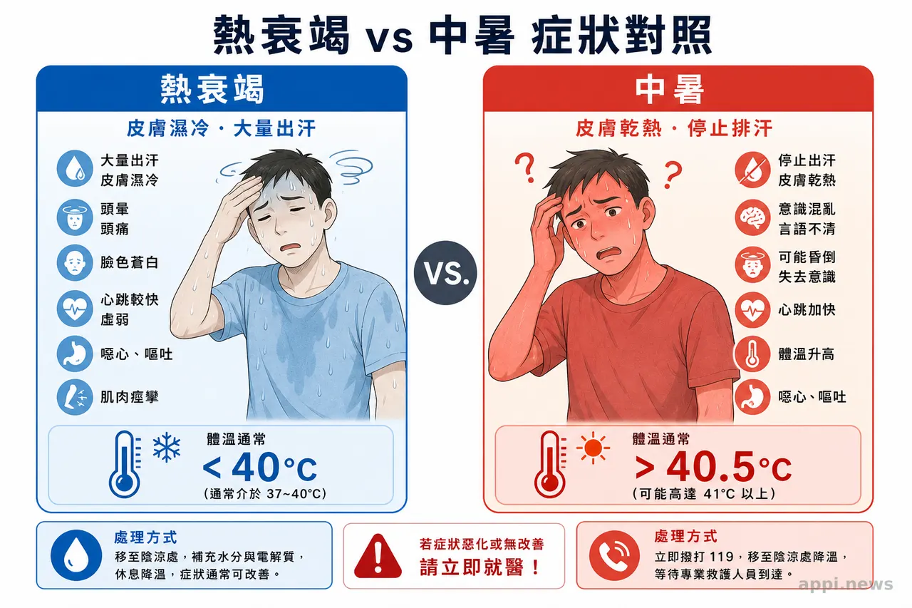 熱衰竭與中暑症狀對照：皮膚濕冷大量出汗（熱衰竭）vs 皮膚乾熱停止排汗（中暑）
