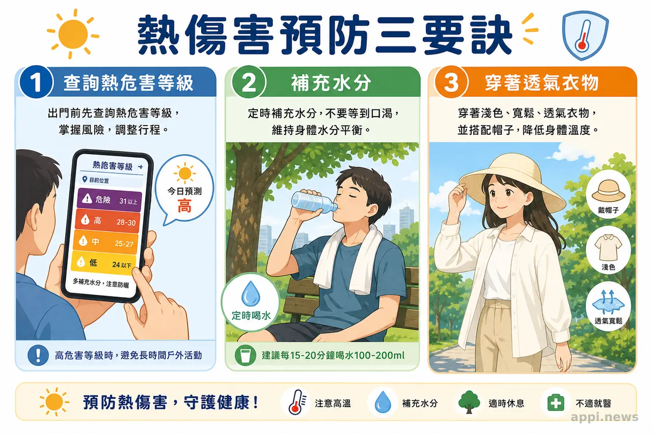 熱傷害預防三要訣圖示：查詢熱危害等級、補充水分、穿著透氣衣物