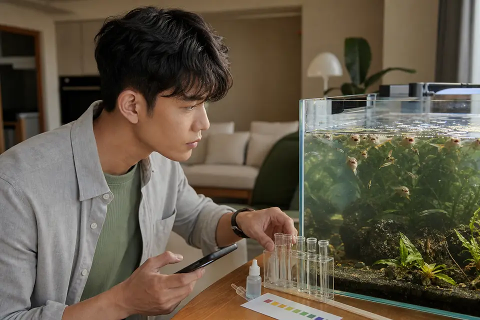 魚隻在水面附近急促呼吸，旁邊可見水質檢測工具，呈現需要立即處理的水質警訊