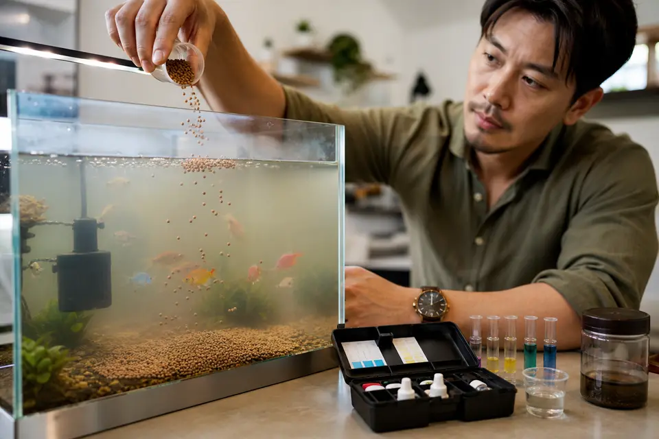 新魚缸完成過濾與打氣，前方放著氨、亞硝酸鹽與硝酸鹽測試工具，呈現開缸檢查步驟