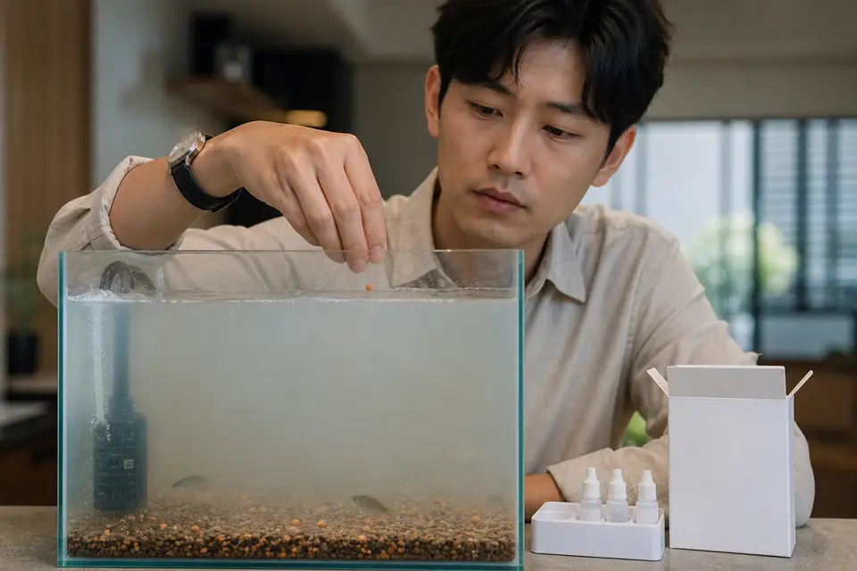 過量餵食造成混濁魚缸，旁邊放著未吃完的飼料與水質檢測工具，呈現常見開缸錯誤