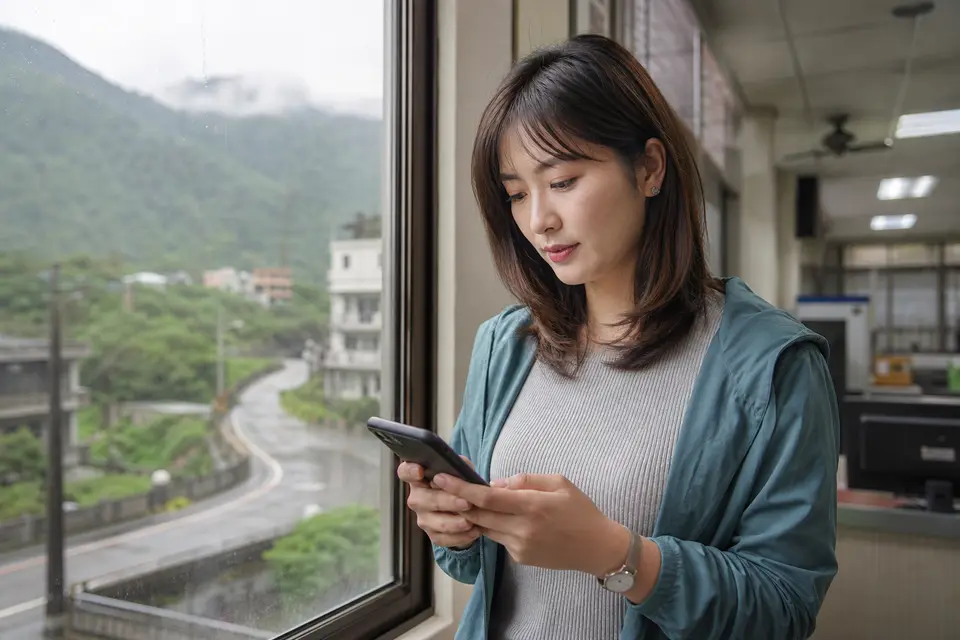 民眾在雨天室內查看手機，窗外可見濕滑道路與山區