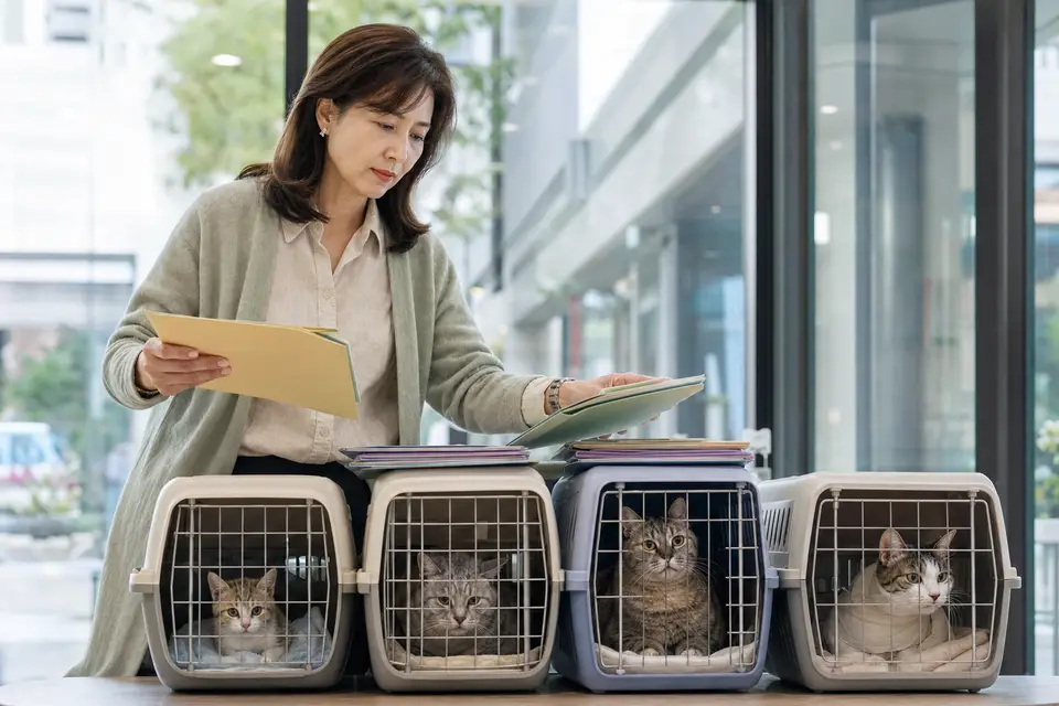 飼主在動物醫院外出籠旁整理幼貓、高齡貓與孕貓的健康紀錄