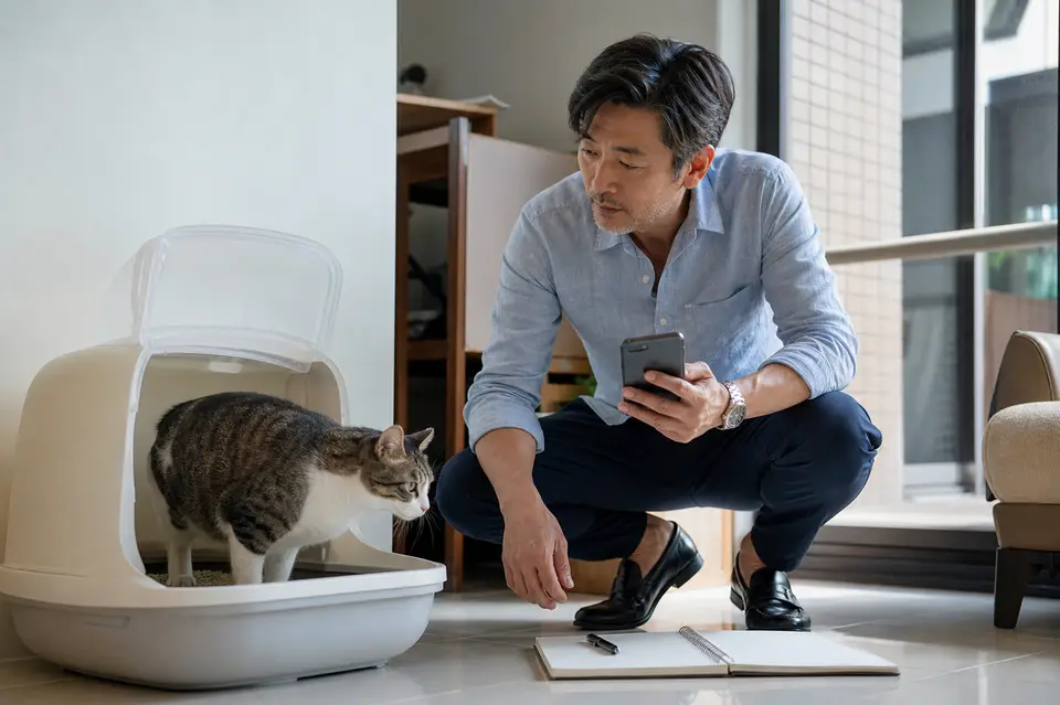 貓咪在貓砂盆旁由飼主觀察排尿狀況，準備聯絡動物醫院