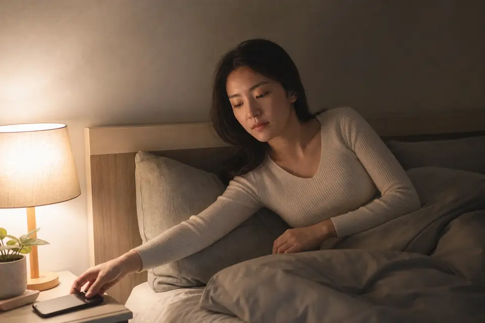 睡前在昏暗房間裡放下手機、準備入睡示意