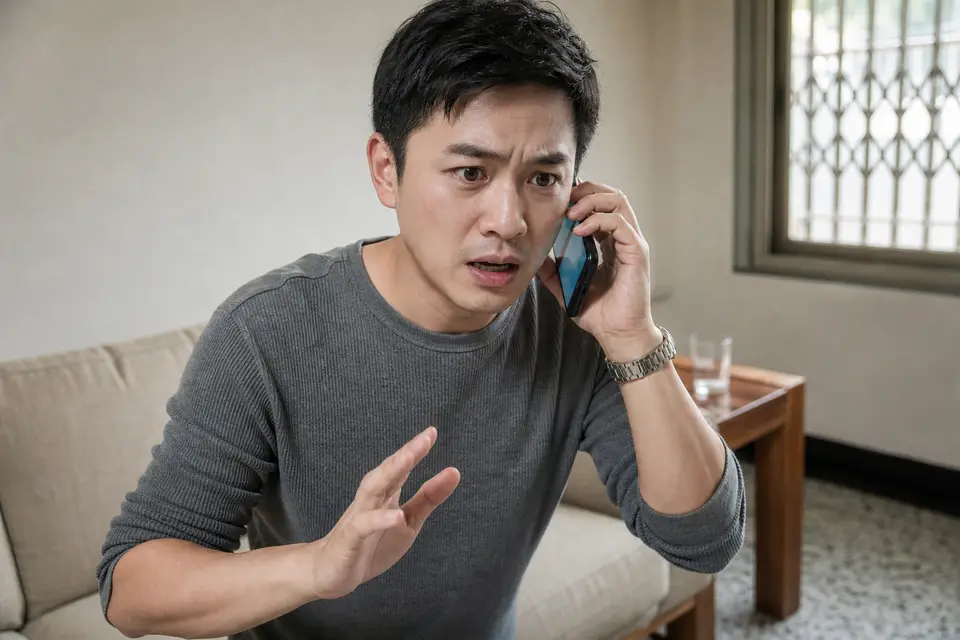一人手持電話撥打緊急求救電話的畫面（示意圖）