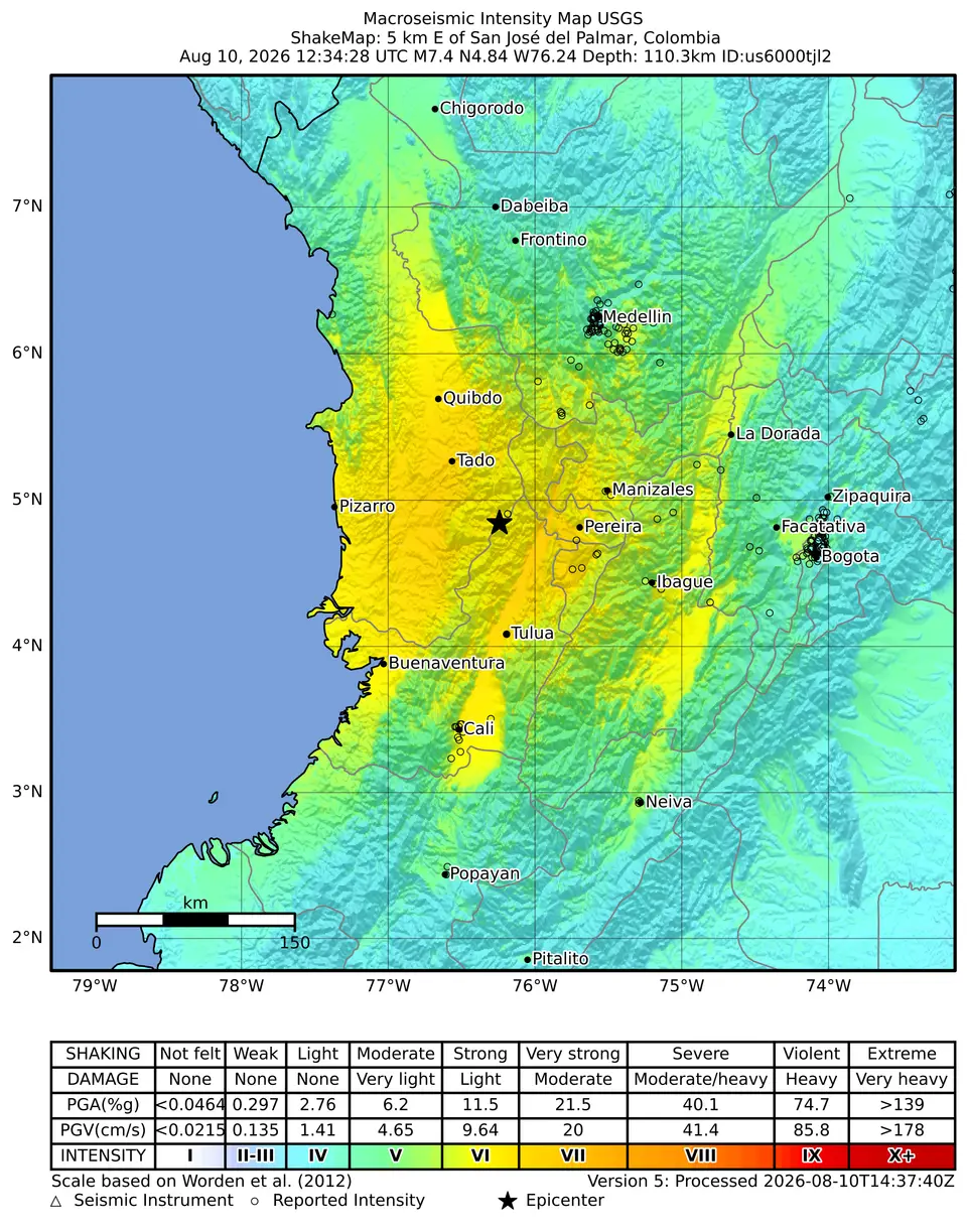 美國地質調查所繪製的哥倫比亞規模7.4地震震央位置圖