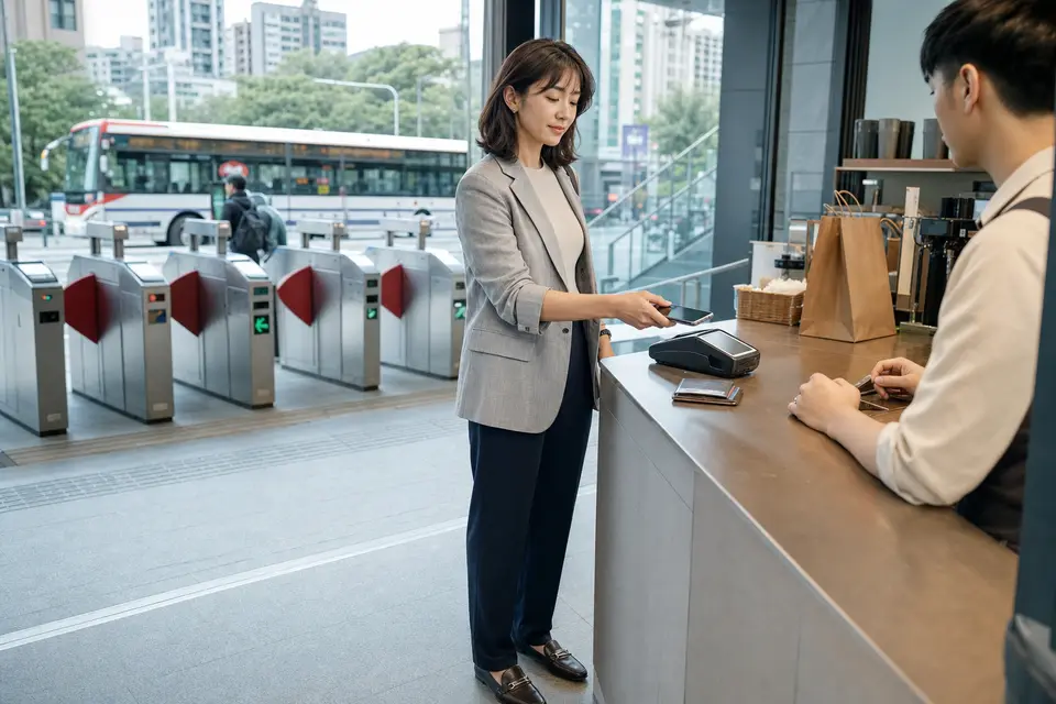 投資人站在櫃檯前以手機完成交易或付款，背景可見台灣城市交通場景