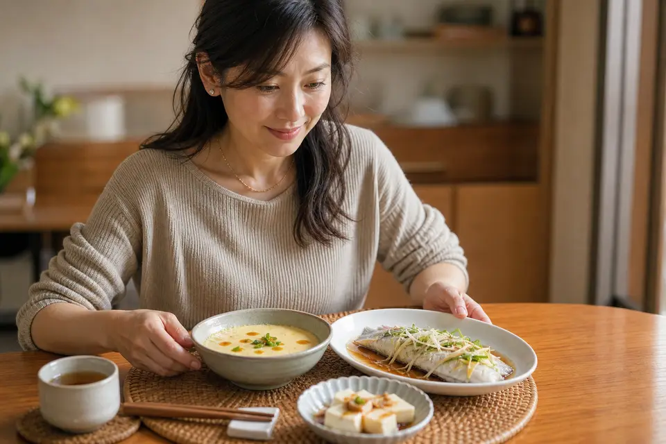 餐桌上擺著蒸蛋、清蒸魚片與嫩豆腐等軟質蛋白質餐點（示意圖）