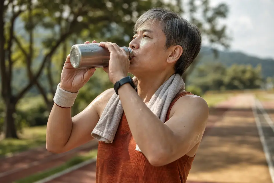 民眾在戶外運動流汗後拿水壺補水