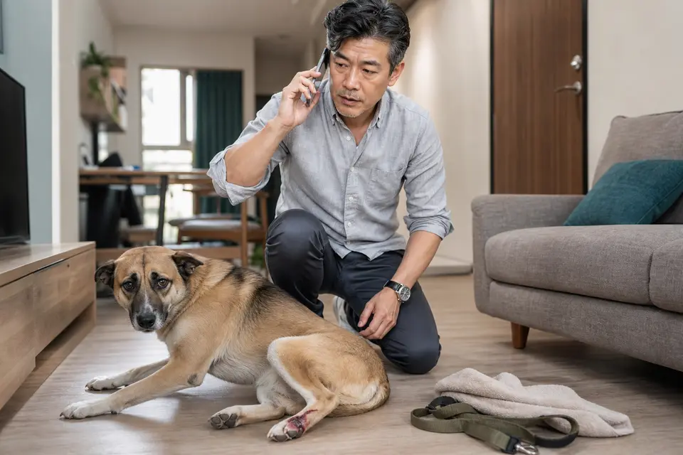 狗狗躺在家中地面，飼主拿手機聯絡動物醫院，畫面呈現需要急診的警訊情境