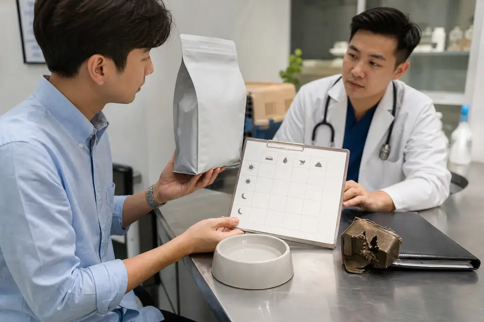 飼主在動物醫院向獸醫師出示狗狗的食物包裝與健康紀錄