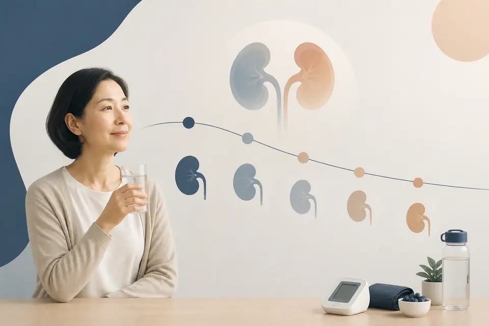 CKD 五期 eGFR 分期與蛋白尿分級兩軸判讀示意