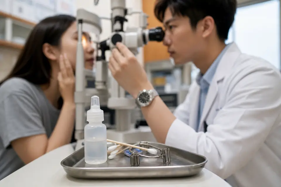 眼科診間內，醫師拿著檢查燈準備為患者檢查眼睛