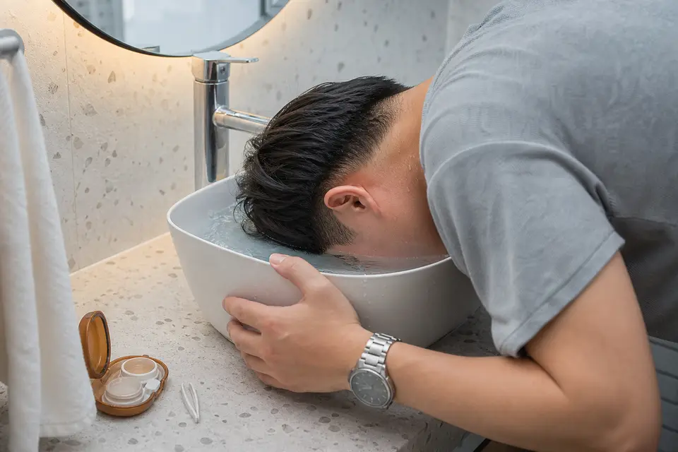 一個人把臉靠近裝水的臉盆，示意錯誤的眼睛異物處理方式