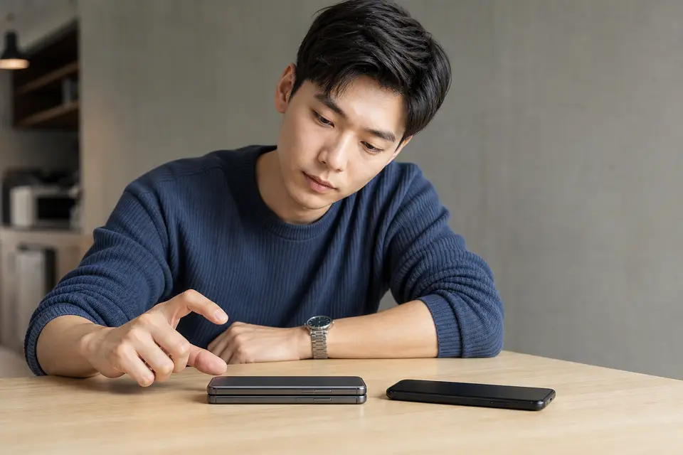 一支闔起來的摺疊手機平放在桌面，側面可見比一般手機厚的機身（示意圖）
