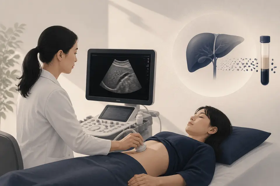 腹部超音波檢查肝臟的示意，說明影像檢查補足抽血的盲區