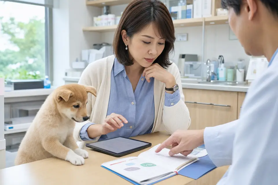 幼犬疫苗手冊與網路時間表放在桌上，提醒飼主不要自行套用時程