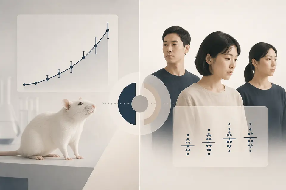 NMN 動物研究亮眼、人體試驗結果矛盾的證據對比示意