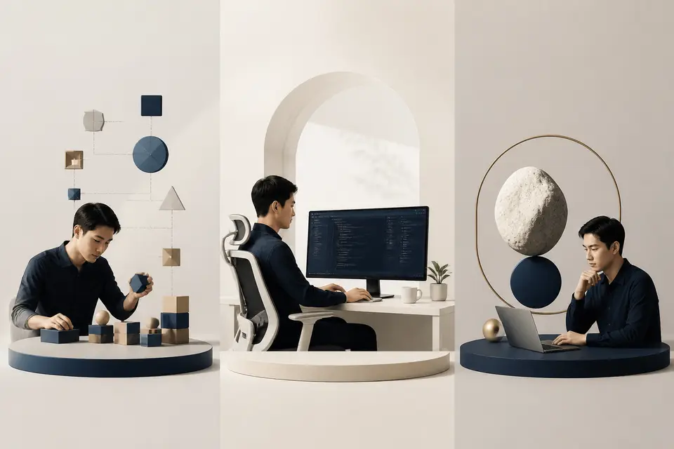 三條不同設計前提的開發工具路線並排比較：可組合、全 IDE、品質領先