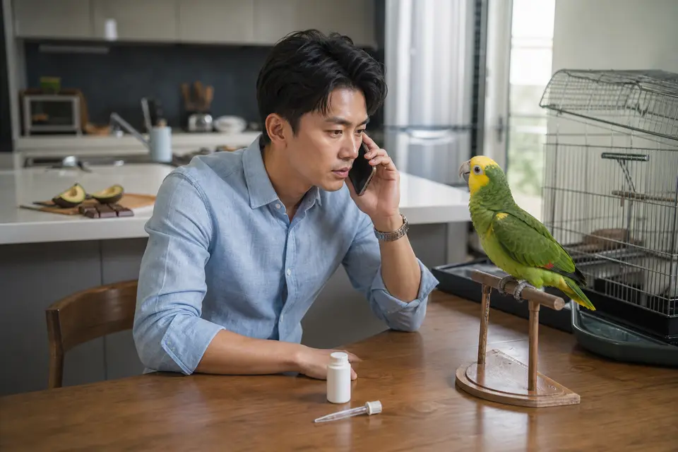 飼主在鸚鵡旁放下藥品與水滴管，改拿手機聯絡動物醫院的安全衛教場景