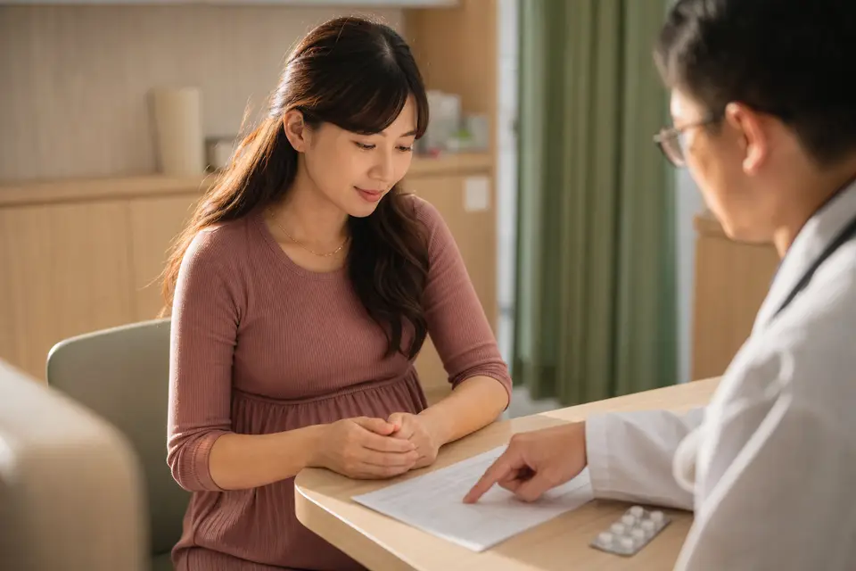 孕婦與醫師面對面諮詢，示意特殊族群用藥前需經醫師評估（示意圖）