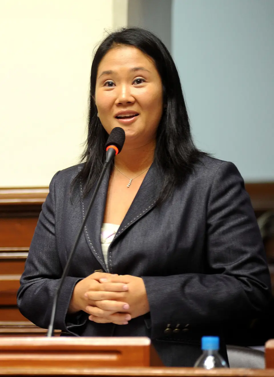 藤森身著正裝在國會議事廳內發言
