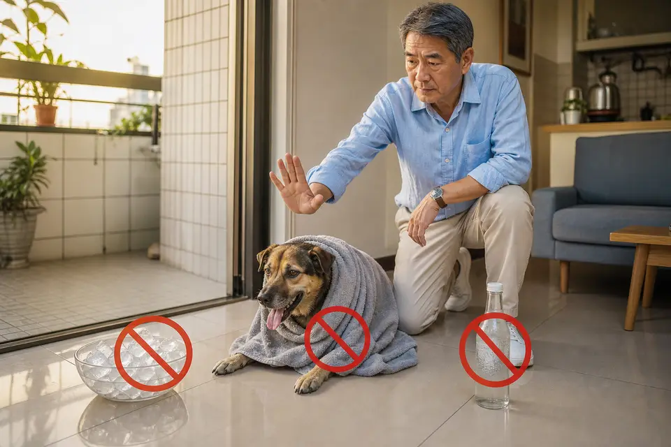 冰塊、濕毛巾整身包覆與酒精瓶旁打上禁止符號，呈現寵物中暑常見錯誤降溫方式