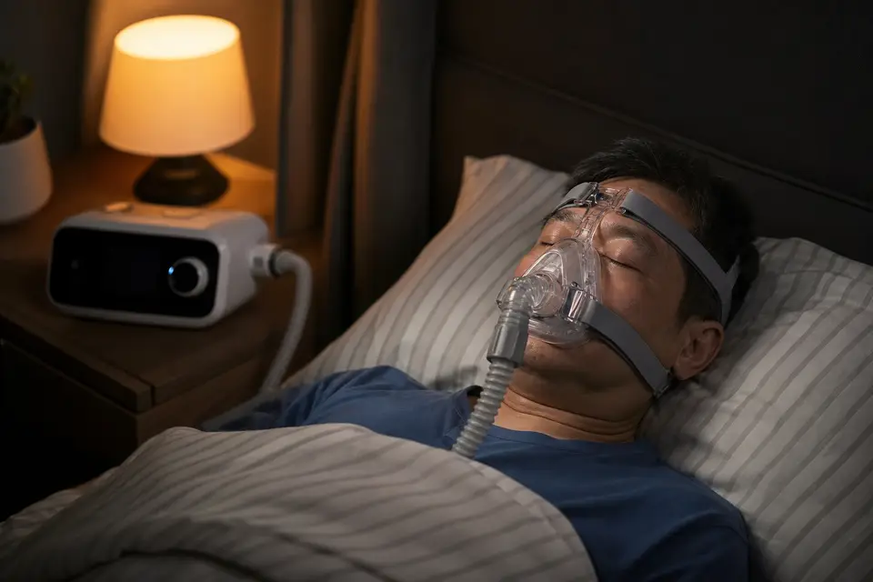 睡眠中止患者配戴 CPAP 陽壓呼吸器睡覺示意