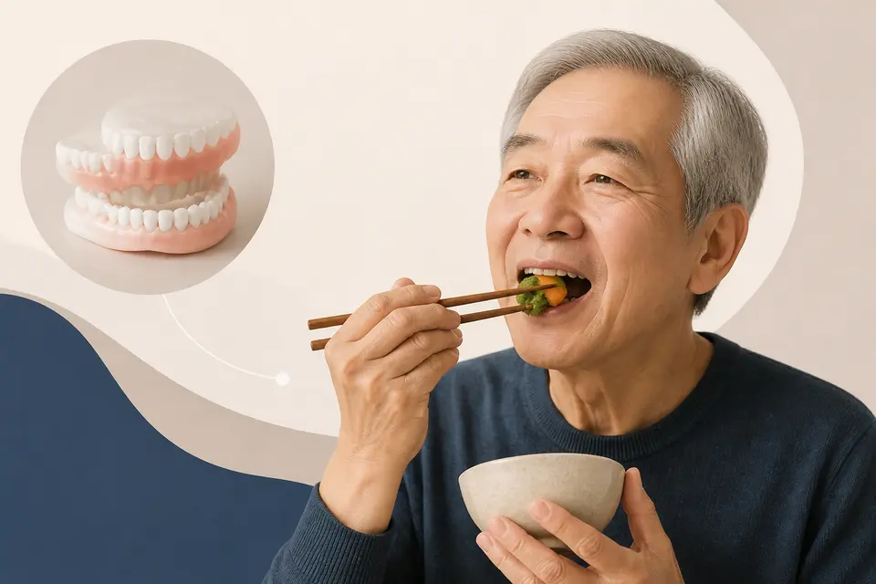 長者裝置假牙恢復咬合功能的示意