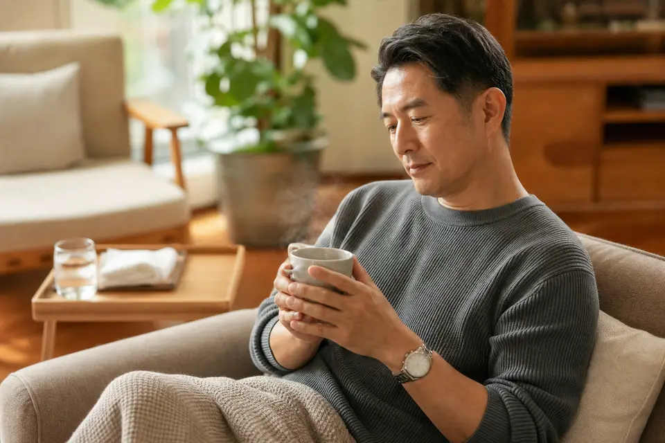 一個人在家中安靜坐著休息，手裡拿著一杯溫開水