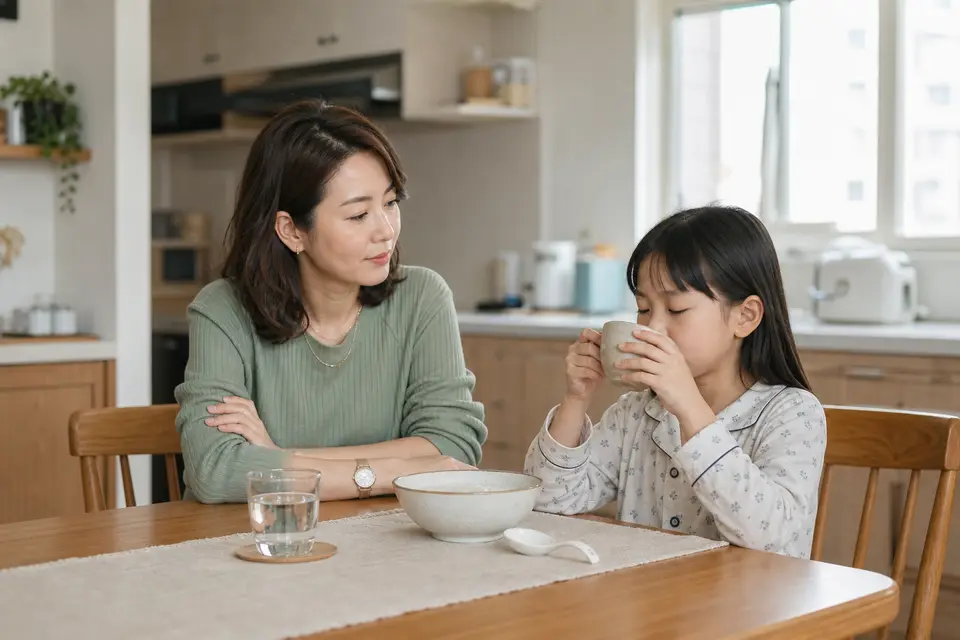 一位家長在家照顧生病的孩子，桌上放著溫開水與清淡食物