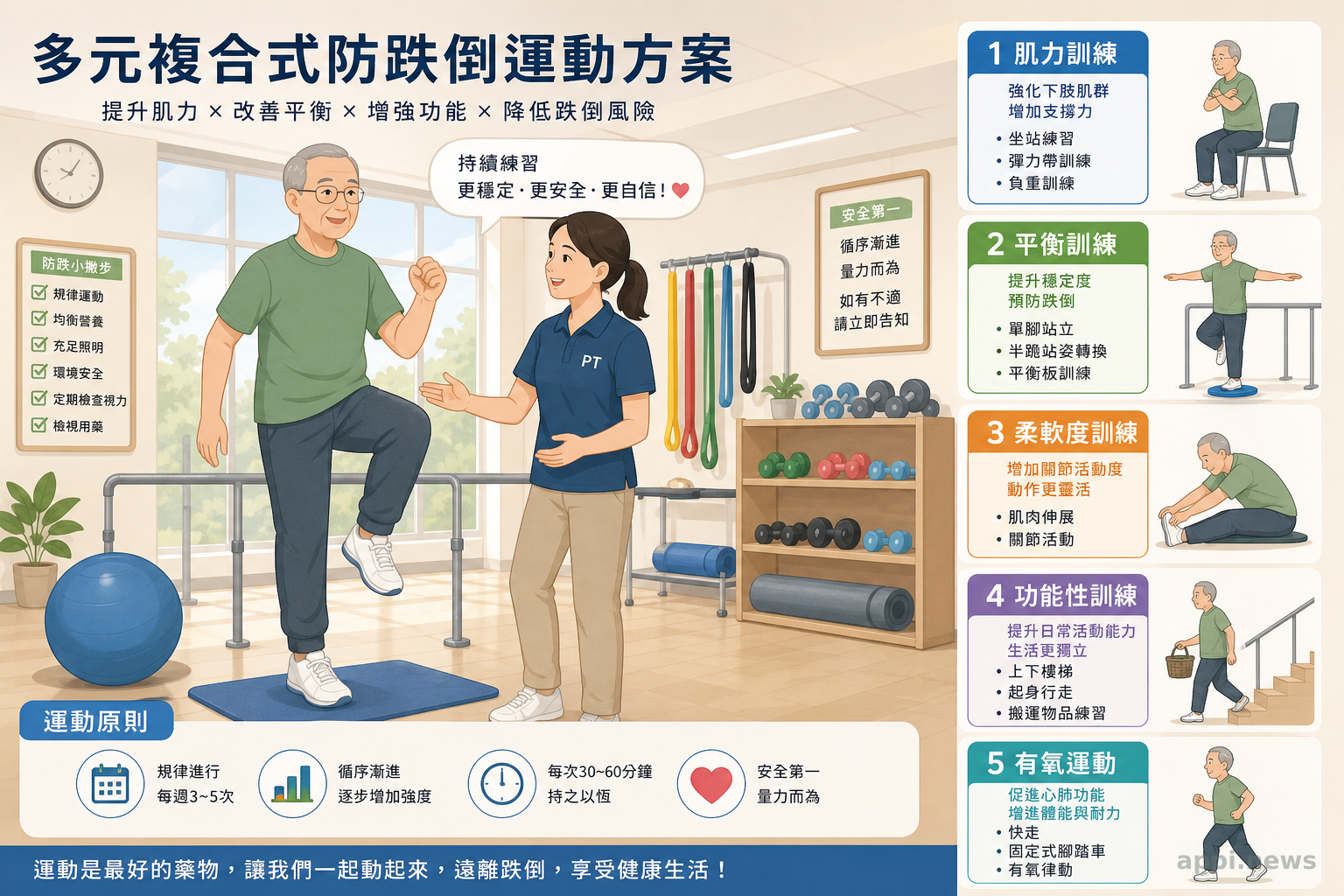 長者在物理治療師指導下進行平衡訓練，展示多元複合式防跌倒運動方案