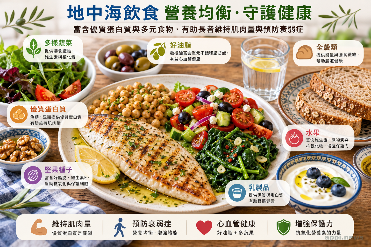 富含優質蛋白質與多元食物的地中海飲食模式，有助長者維持肌肉量與預防衰弱症